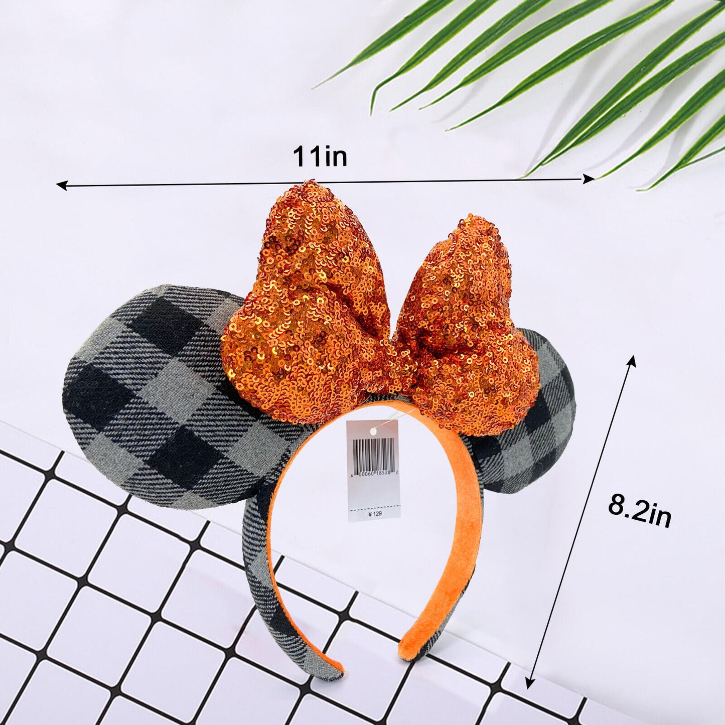 Autumn Minnie Mouse Ears Orange Bow Sequin Halloween Gray Plaid Headband 2026