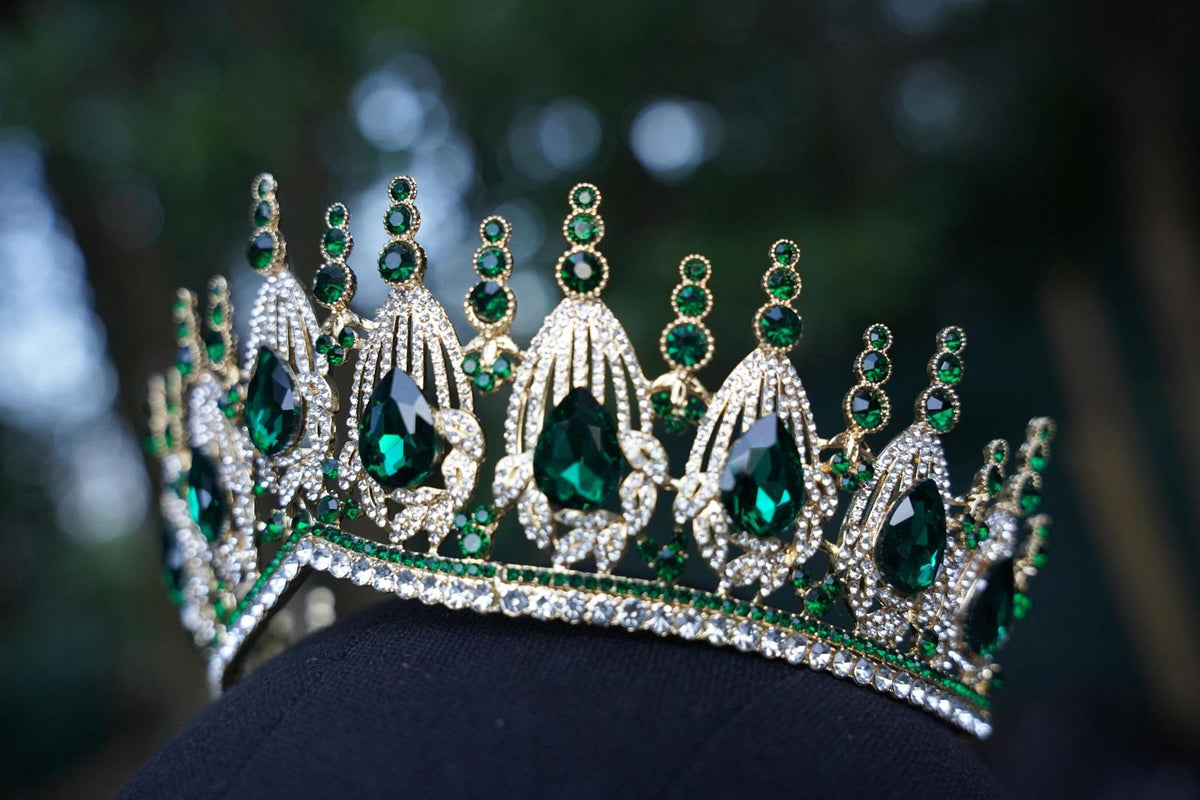 Gold Emerald Green Crystal Tiara Bridal Crown Birthday Wedding Gift Diadem Fan