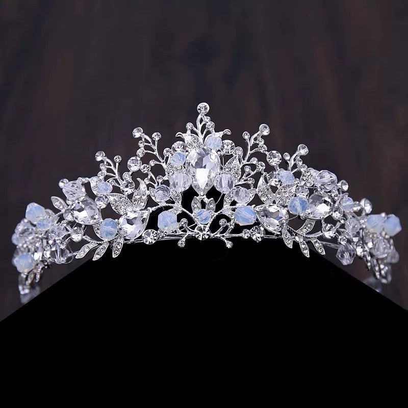 Silver Light blue Tiara Crown Detail Princess Queen headdress jewelry bridal cosplay diadem Wedding pageant royalty metal crystal