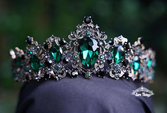Sultry Vintage Emerald Green Crystal Tiara Bridal Goth Bronze Gift Diadem