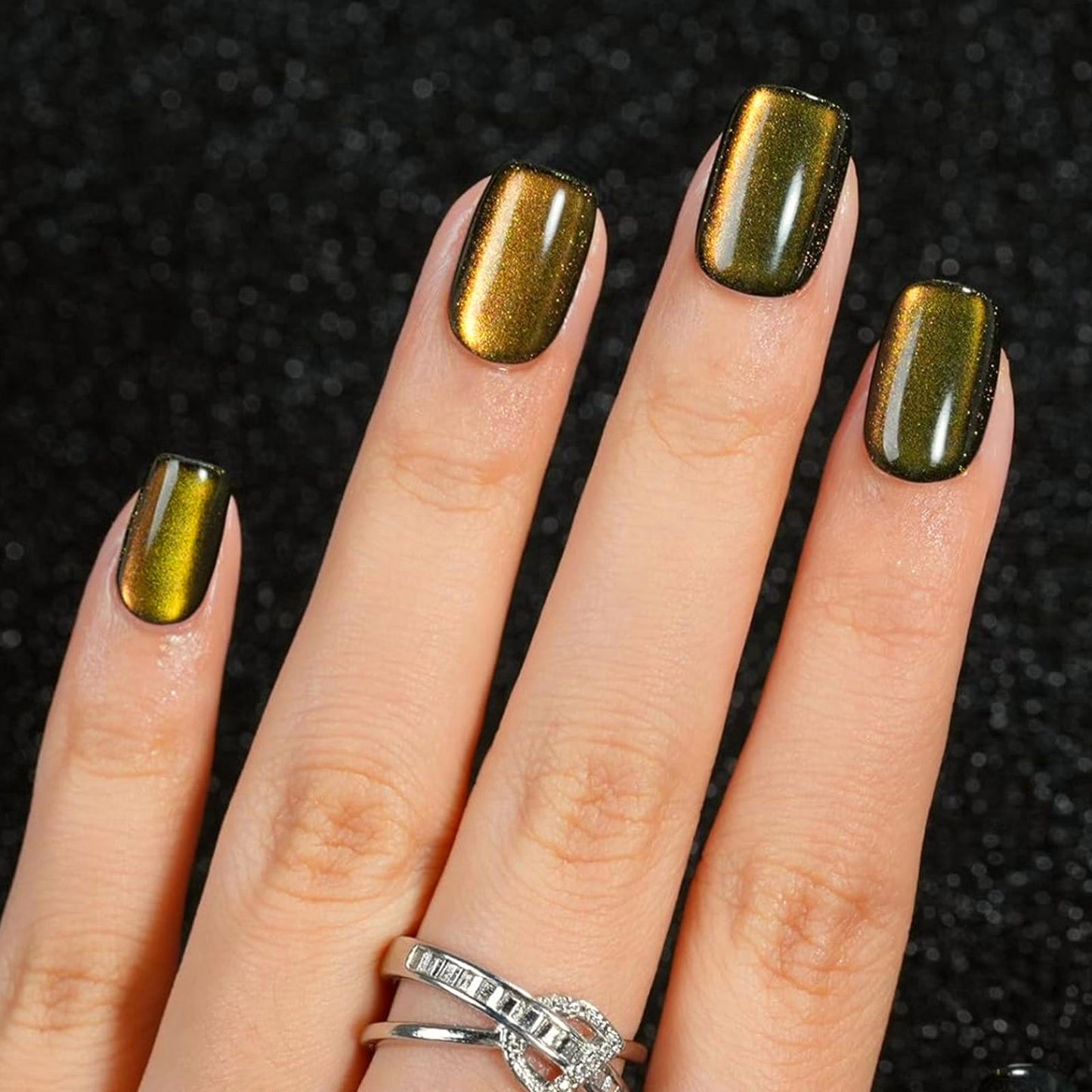 SHORT CAT EYE Gold Rust Full Cover 24 Square Nail Tips Press On Glue Set!