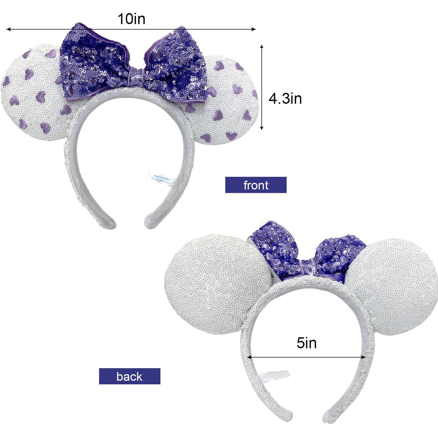 Disney Purple Heart White Sequin Minnie Mickey Mouse Ear Bow Headband