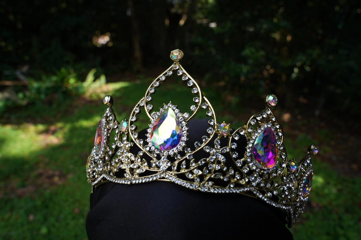 Holographic Crystal Tiara Bridal Crown Birthday Wedding Gift Diadem Gold pink