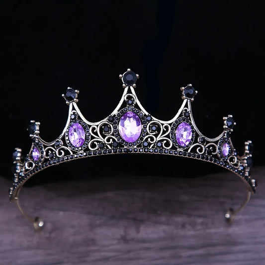 Vintage Baroque Purple Tiara Dark Crown Goth Black Evil Queen diadem headdress jewelry bridal Halloween cosplay Wedding pageant royalty