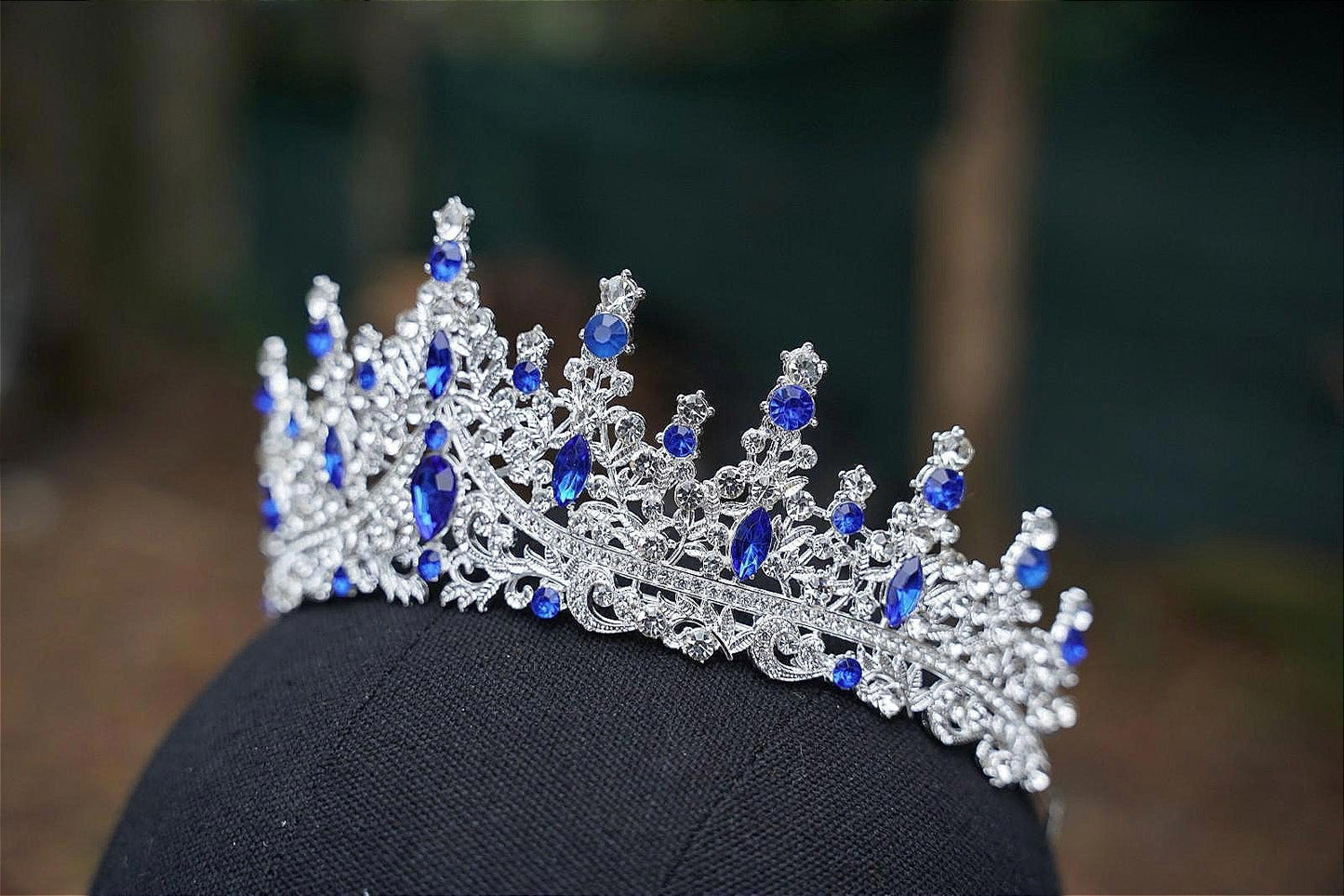 Royal Blue Crystal Tiara Bridal Silver Crown Birthday Wedding Gift Diadem