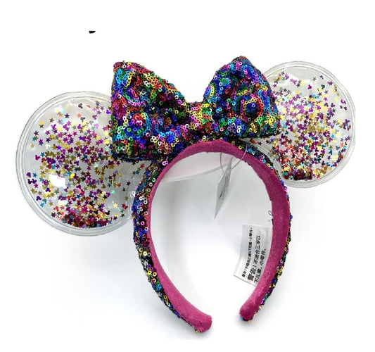 Disney Parks Bow Rainbow Confetti Sequin Minnie Mouse Ears Headband Clear
