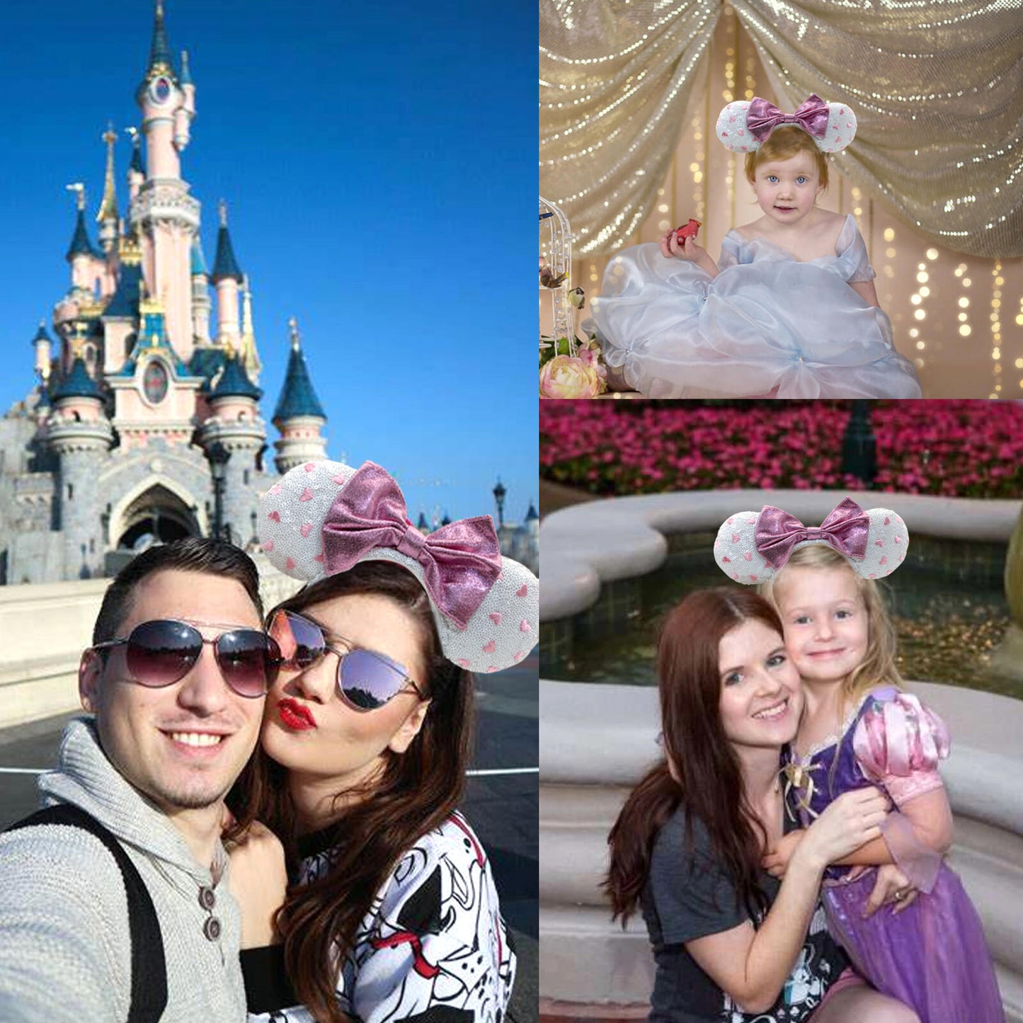 Pink Bow Disney Parks Minnie Mouse Ears White Sequin Pink Heart Headband