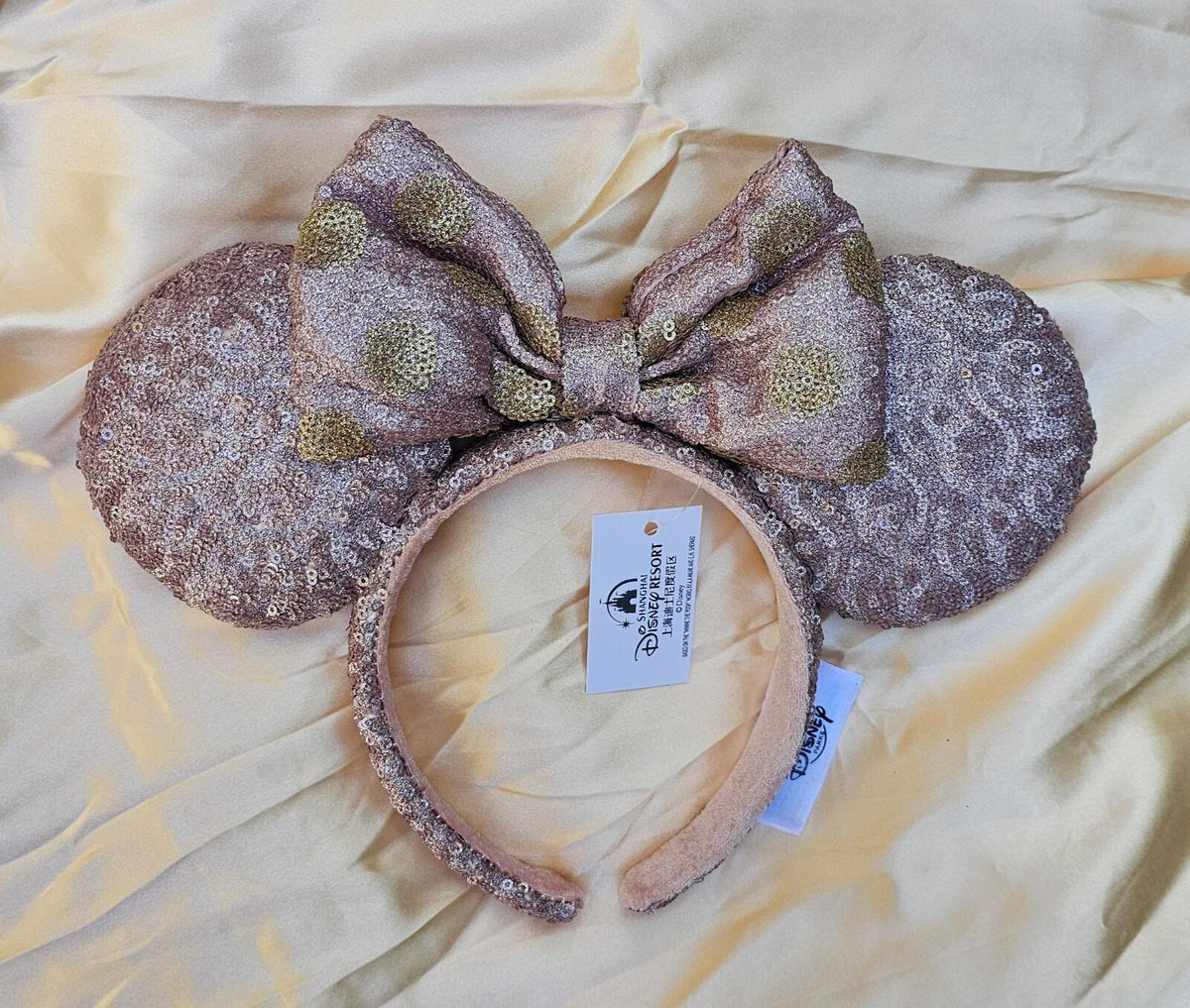 Disney Parks Unique Mauve Rose Gold Sequin Bow Minnie Ears Headband Sparkly