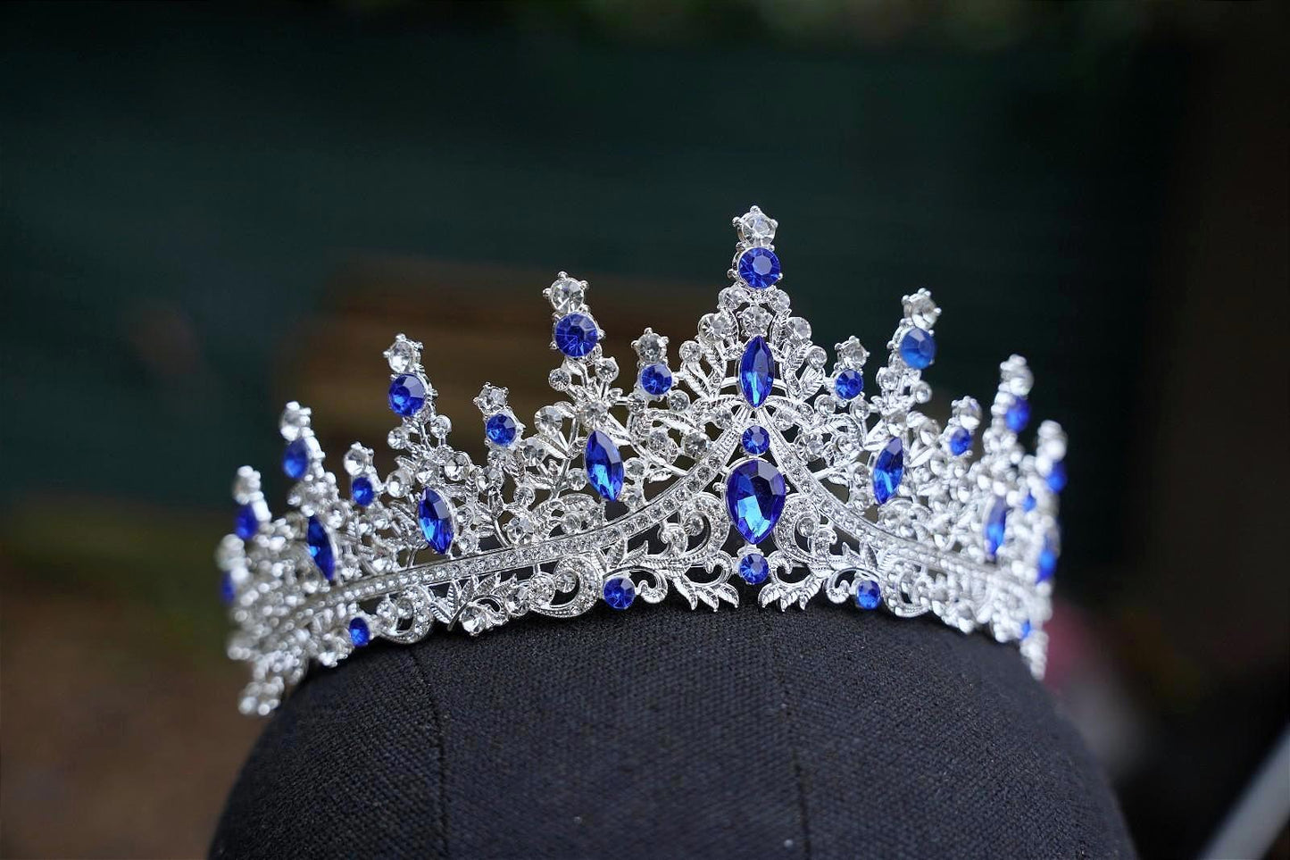 Royal Blue Crystal Tiara Bridal Silver Crown Birthday Wedding Gift Diadem