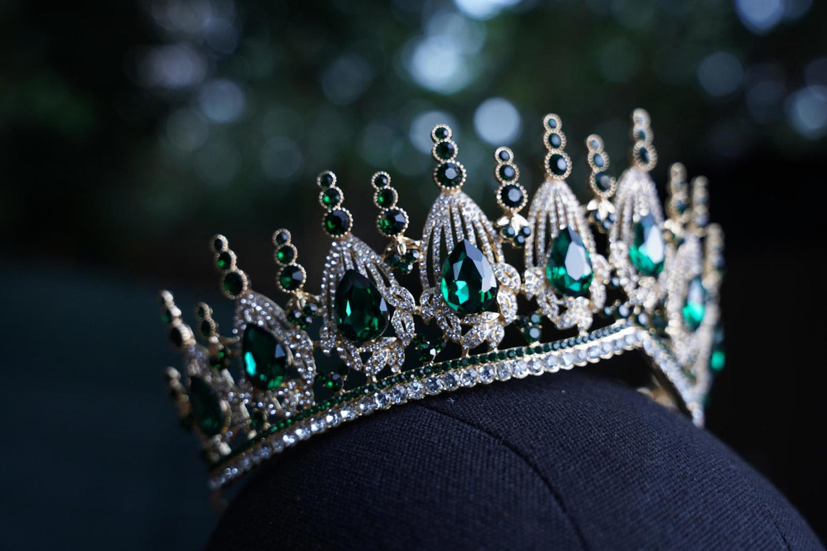 Gold Emerald Green Crystal Tiara Bridal Crown Birthday Wedding Gift Diadem Fan