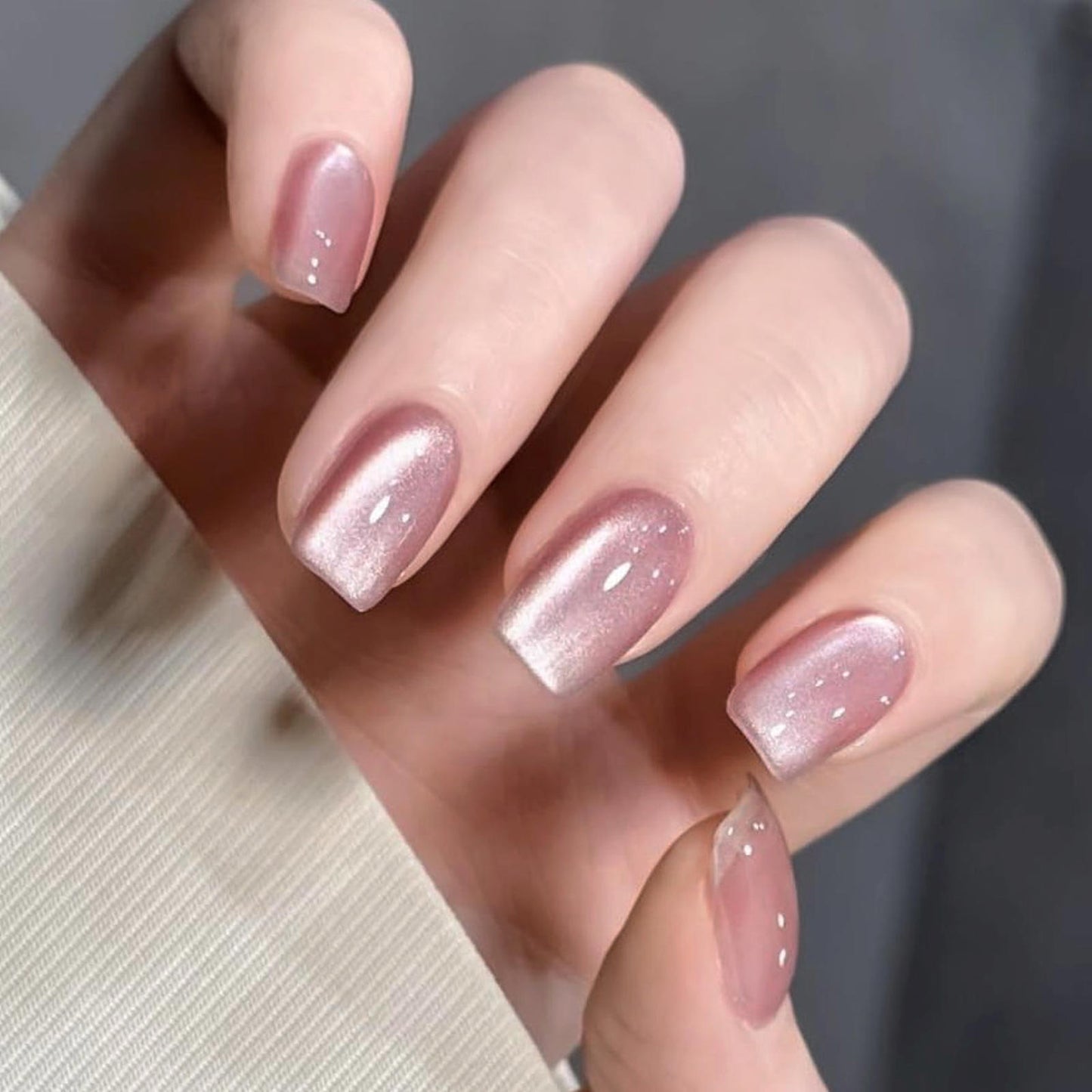 MEDIUM NUDE CAT EYE Full Cover 24 Nail Tips Press On Glue Set