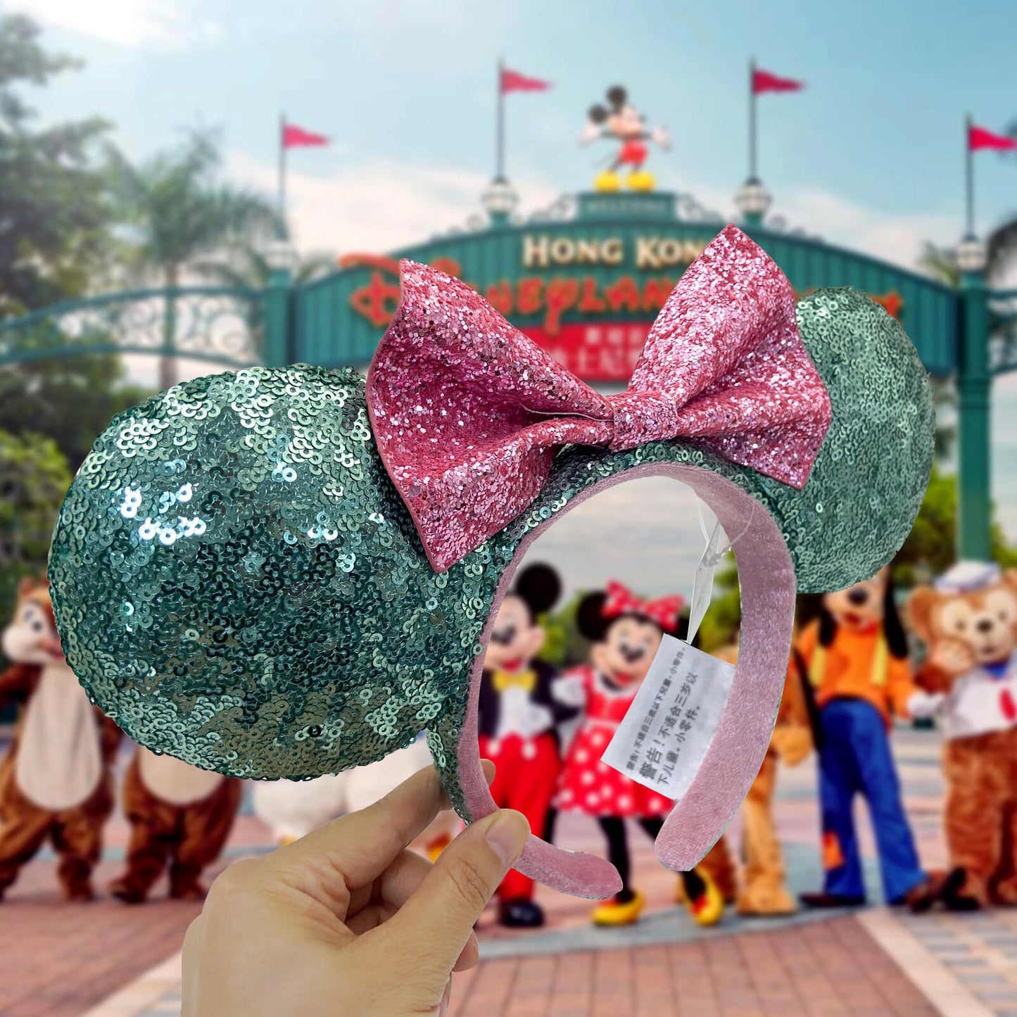 Pink Sugar Rush Bow Green Sequin Minnie Mouse Ears Glitter Headband