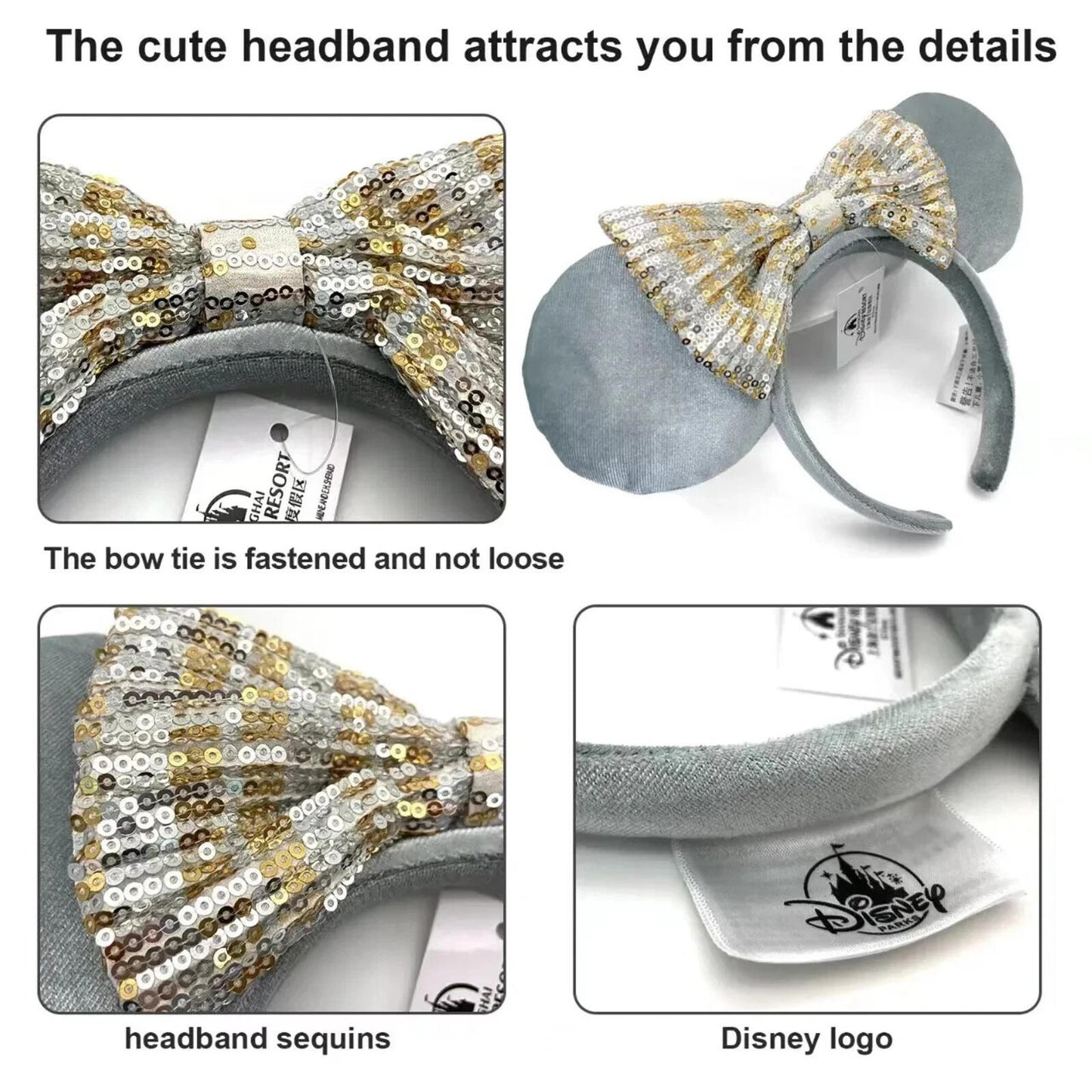 Disney Parks Ears Winter Frost Grey Sequin Bow Minnie Mouse Headband Dolphin