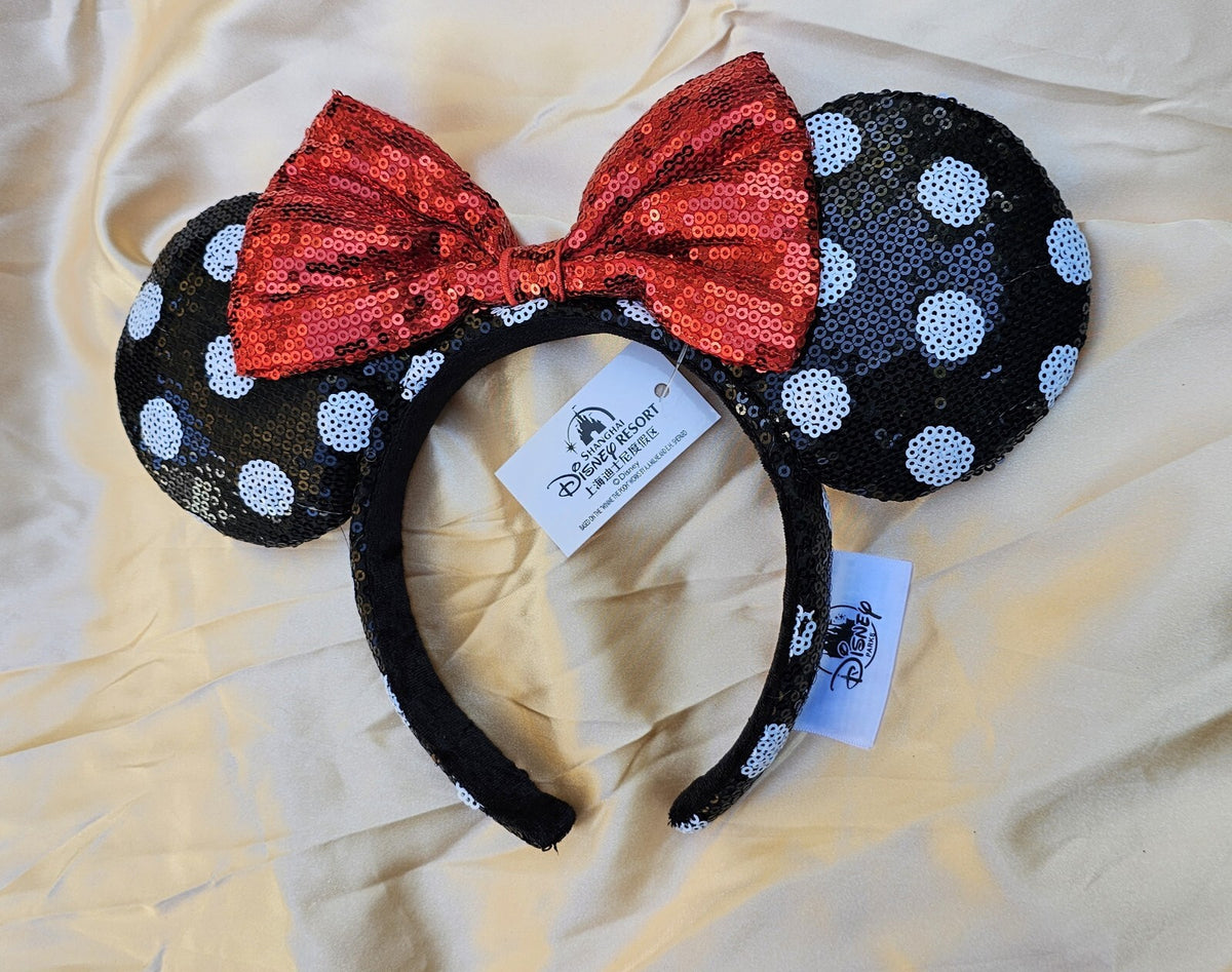 Classic Black polka Dot Minnie Ears Exclusive White Red Bow Headband