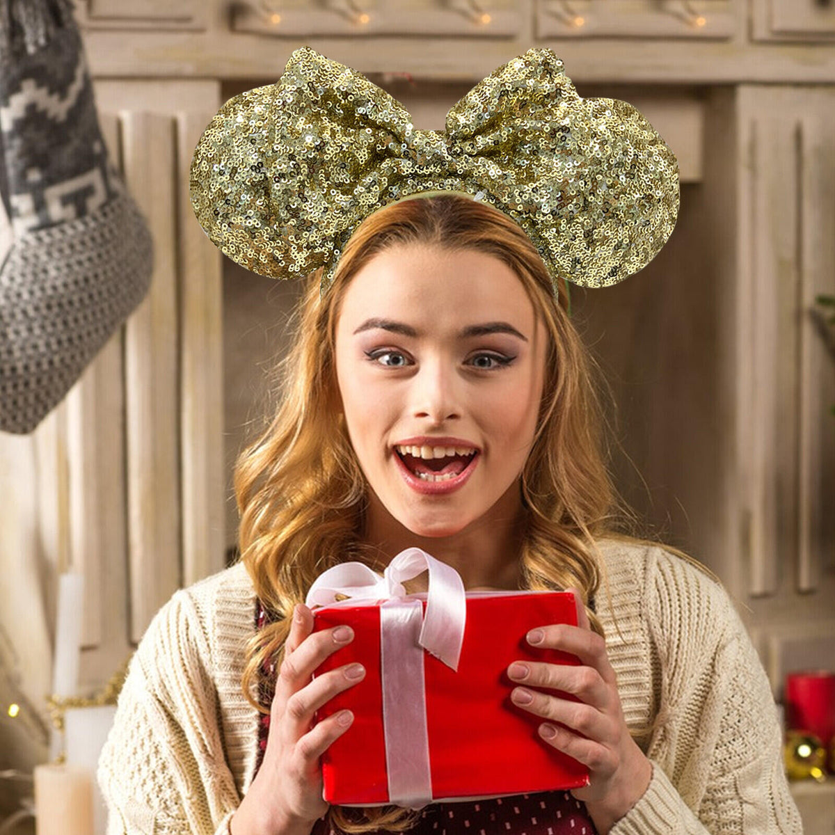 Disney Parks Gold Sequin Minnie Mickey Ears Bow Headband US