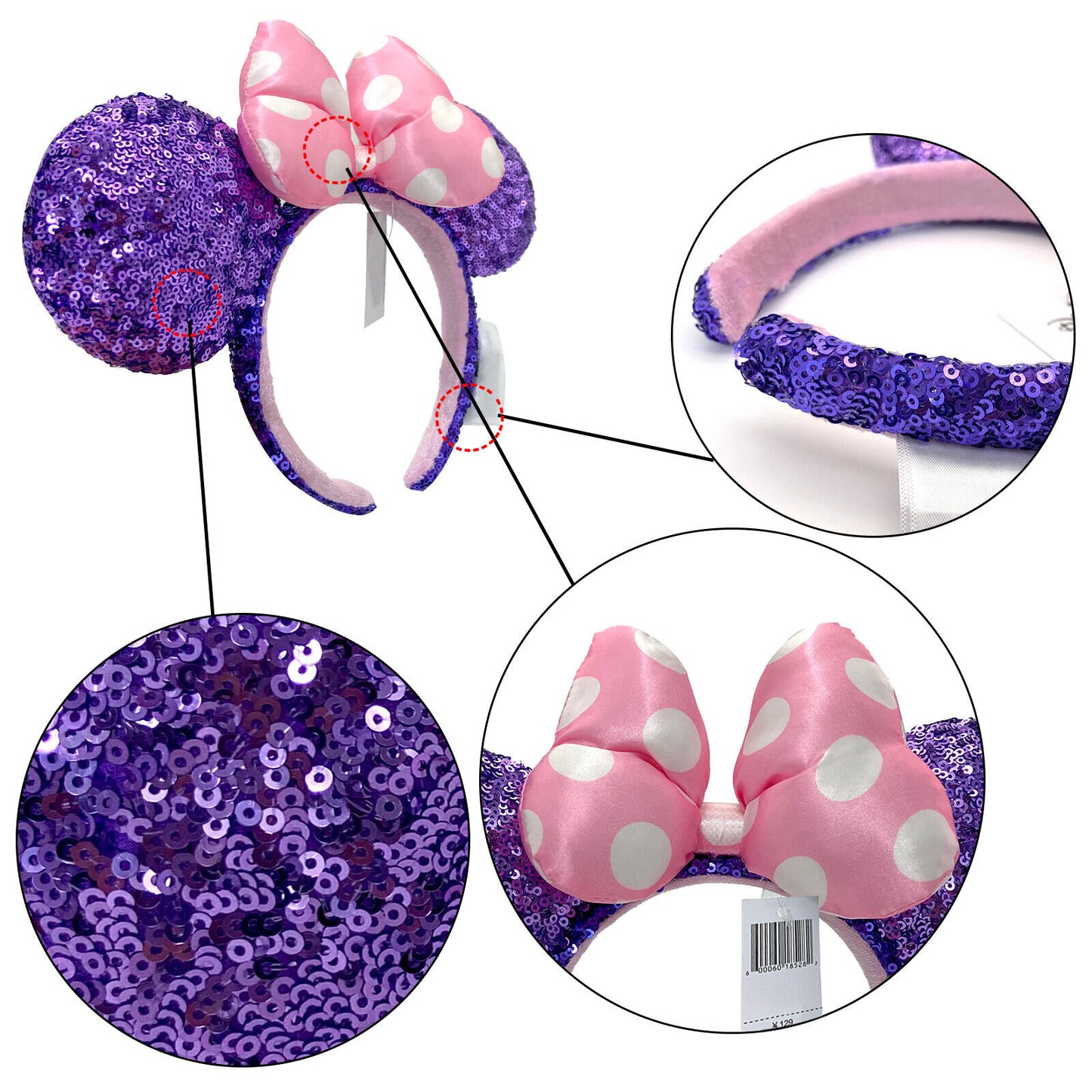 Disney Parks Headband Purple Sequin Pink Polka Dot Bow Minnie Mickey Mouse Ears