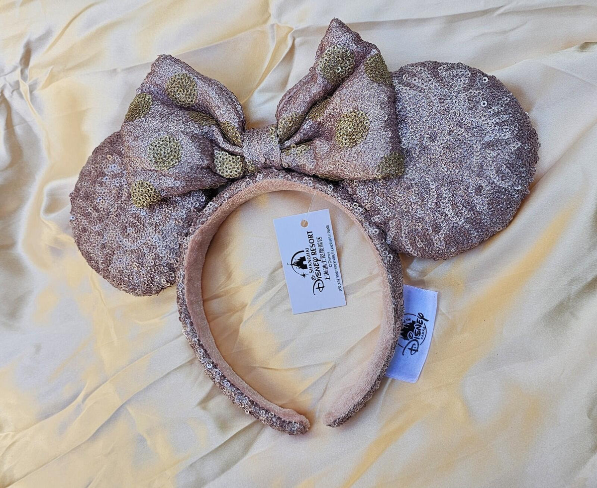 Disney Parks Unique Mauve Rose Gold Sequin Bow Minnie Ears Headband Sparkly