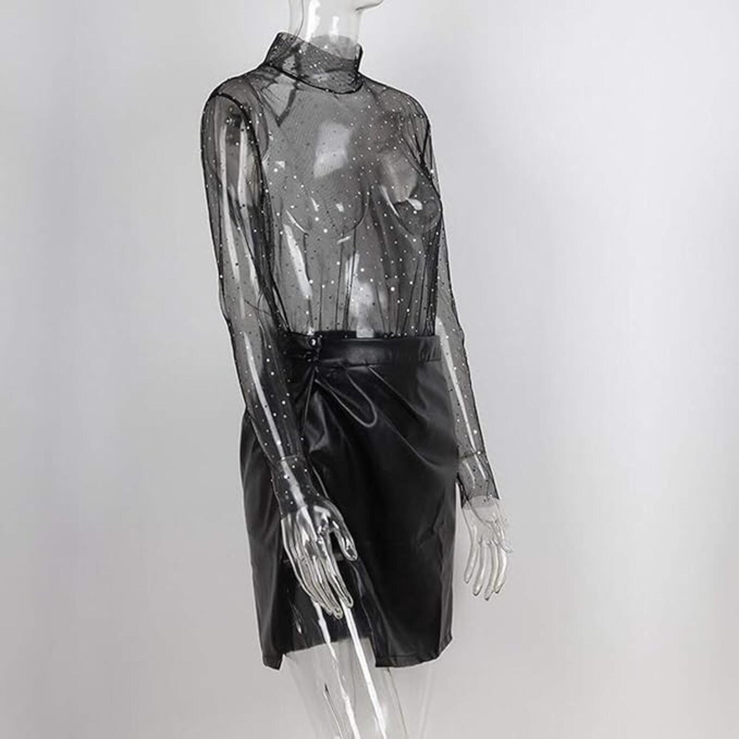 Elegant Sheer Mesh Glitter Sequin Top See Through Long Sleeve Turtleneck Sparkle