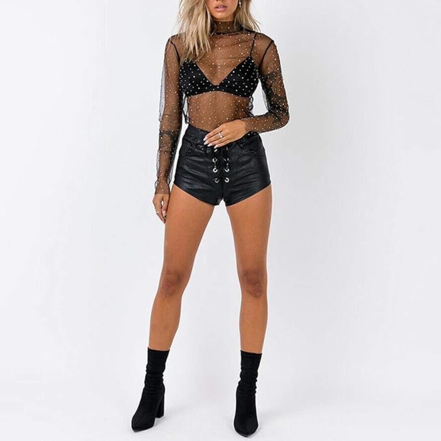 Elegant Sheer Mesh Glitter Sequin Top See Through Long Sleeve Turtleneck Sparkle