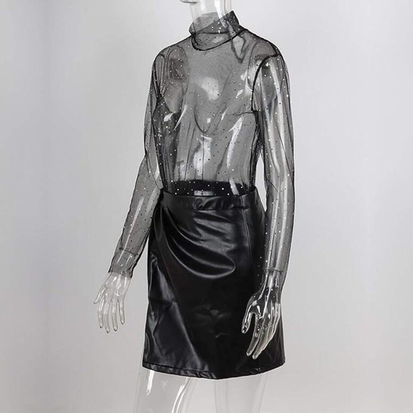 Elegant Sheer Mesh Glitter Sequin Top See Through Long Sleeve Turtleneck Sparkle