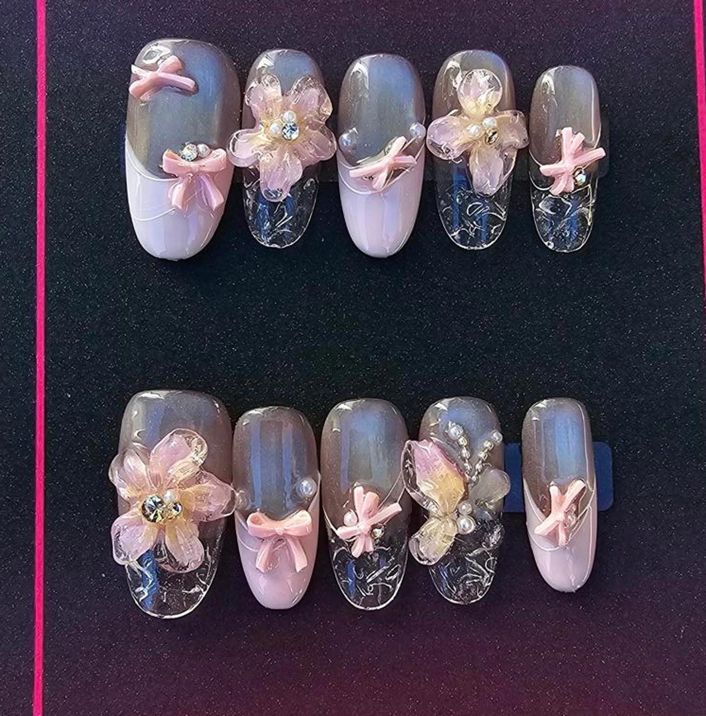 Handmade Pink Bow Ballerina Press on Nails kit with glue size Medium