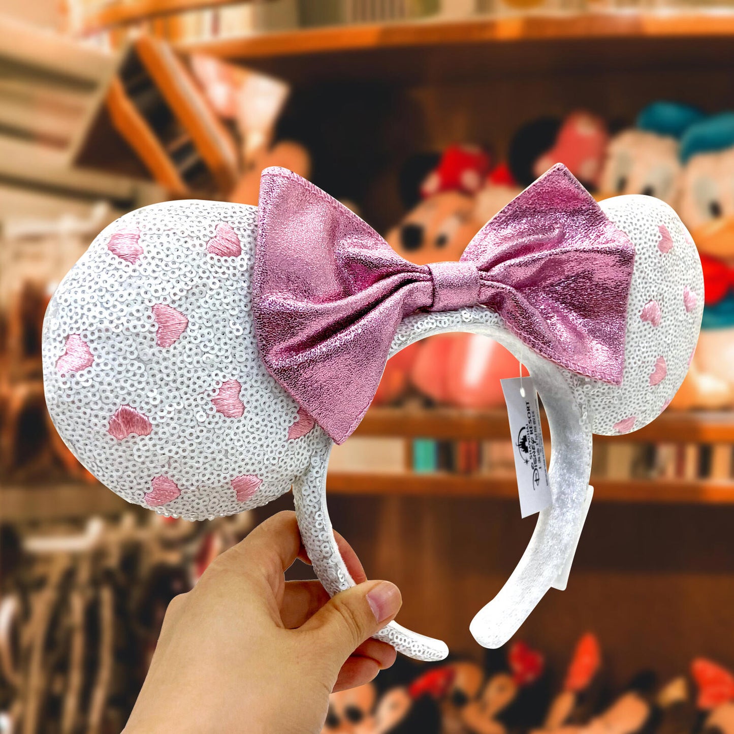 Pink Bow Disney Parks Minnie Mouse Ears White Sequin Pink Heart Headband