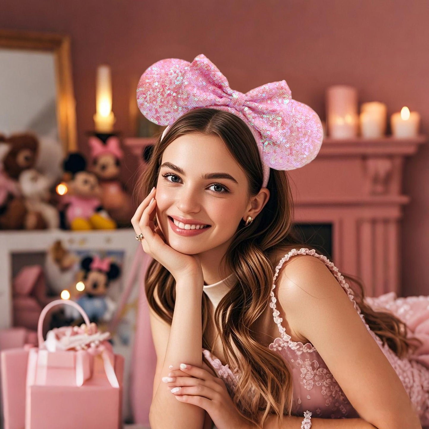 Disney Parks Millennial Pink Minnie Mouse Ears Sequined Bow Headband