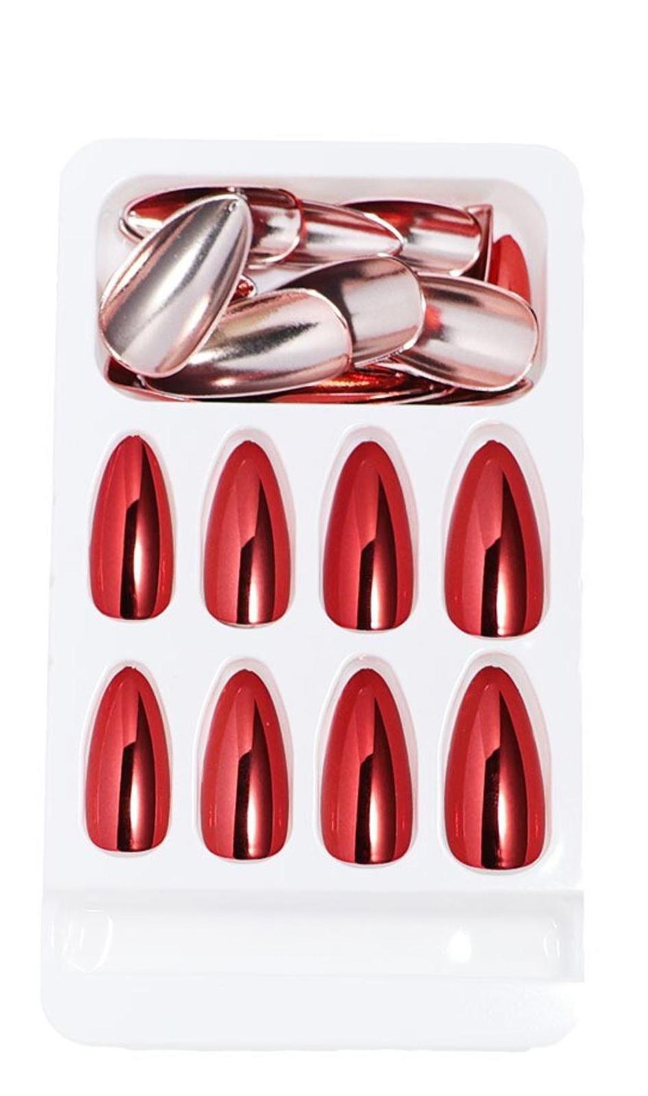 24 Red Chrome Press On Nails Kit with glue Medium Almond Metallic Mirror