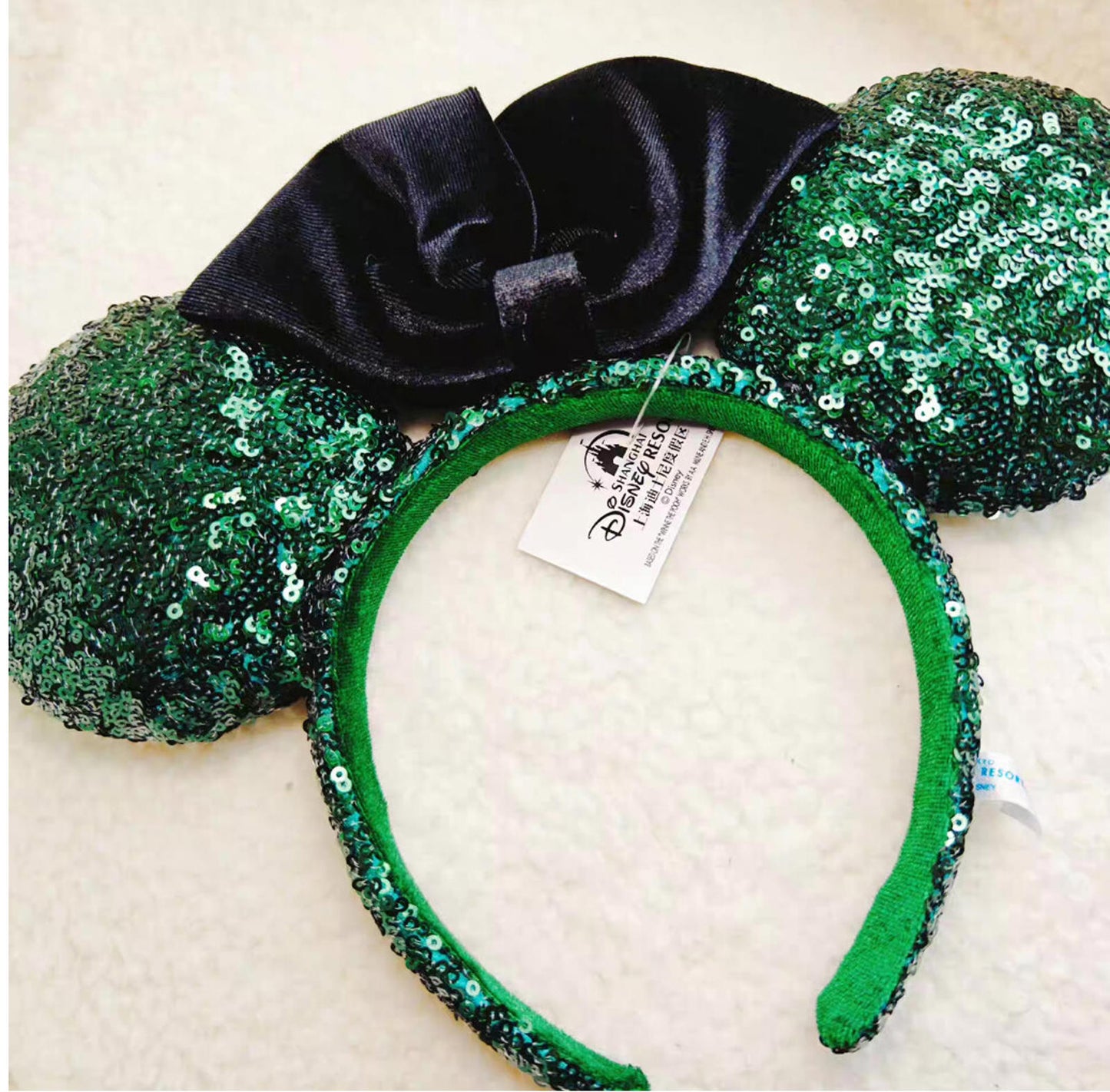 Disney Parks Green Sequins Exclusive Tokyo TDR Ears Headband Black Bow