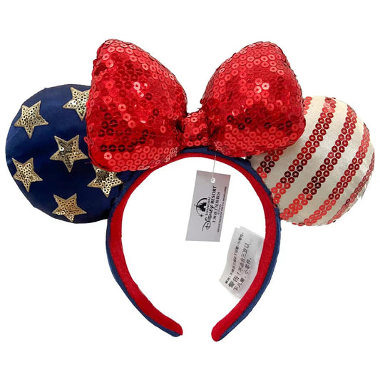 Disney Parks Bow Minnie Ears Stars USA Flag Sequins Mickey Mouse Headband 2022