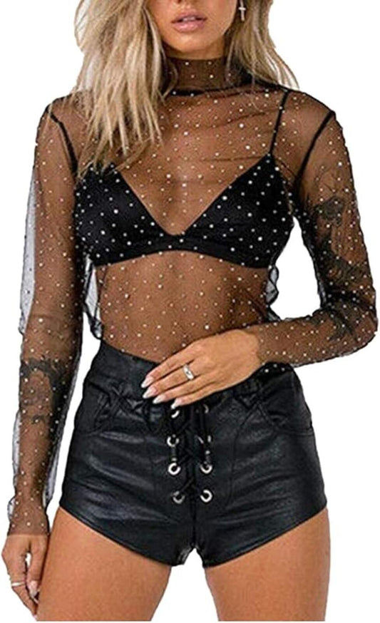 Elegant Sheer Mesh Glitter Sequin Top See Through Long Sleeve Turtleneck Sparkle