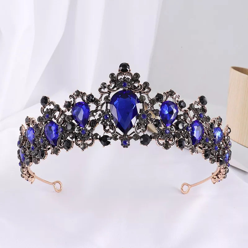 Vintage Dark Blue Tiara Crown Royal Princess Queen Bridgerton gift bridal goth cosplay diadem 