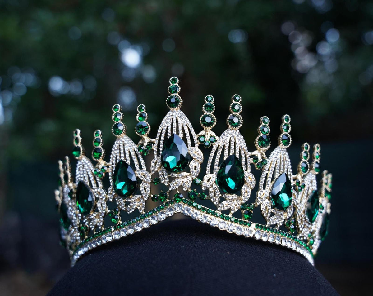 Gold Emerald Green Crystal Tiara Bridal Crown Birthday Wedding Gift Diadem Fan