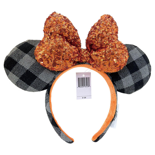 Autumn Minnie Mouse Ears Orange Bow Sequin Halloween Gray Plaid Headband 2026