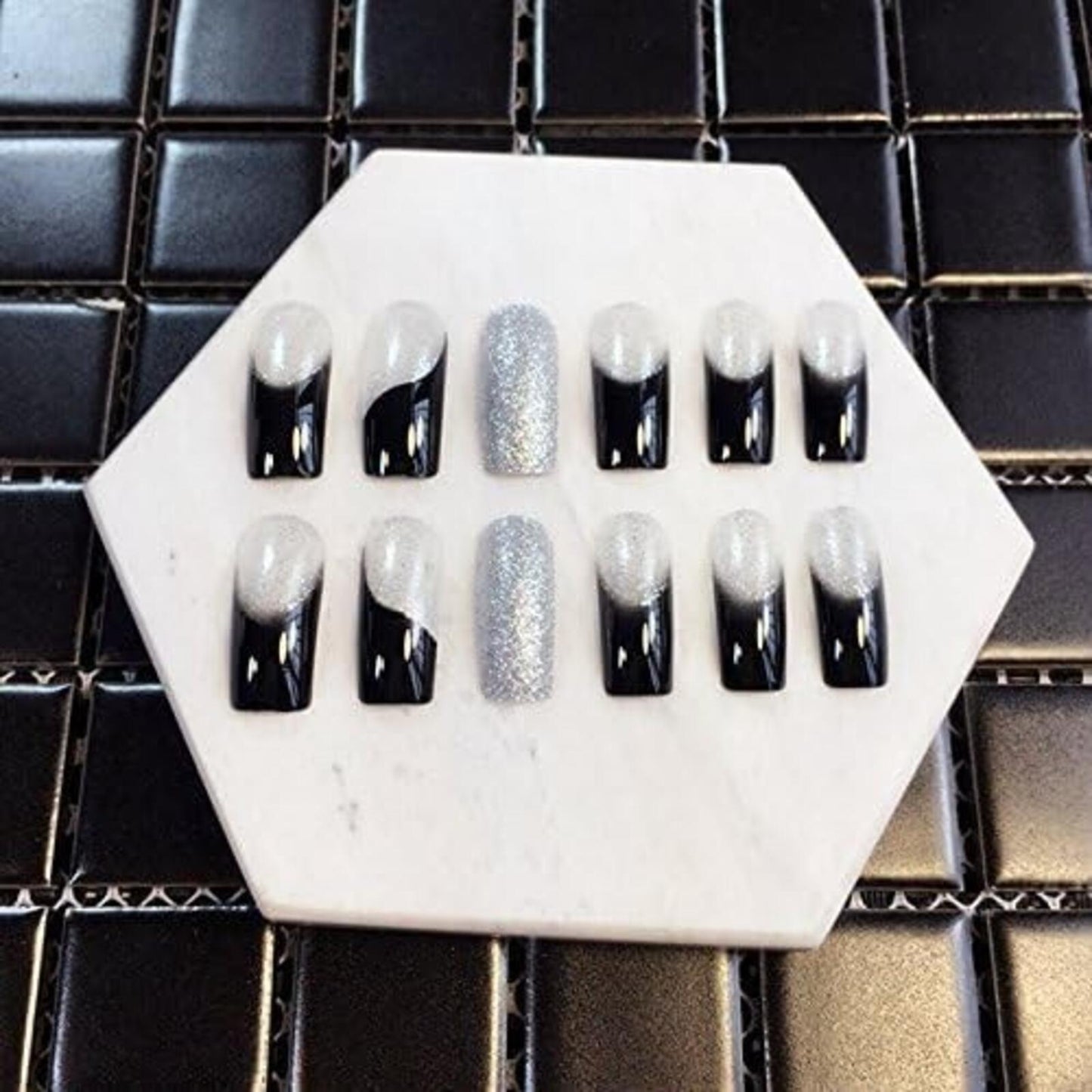 24 Long Square Silver Black Ombre 90s glitter Press on nails kit with glue