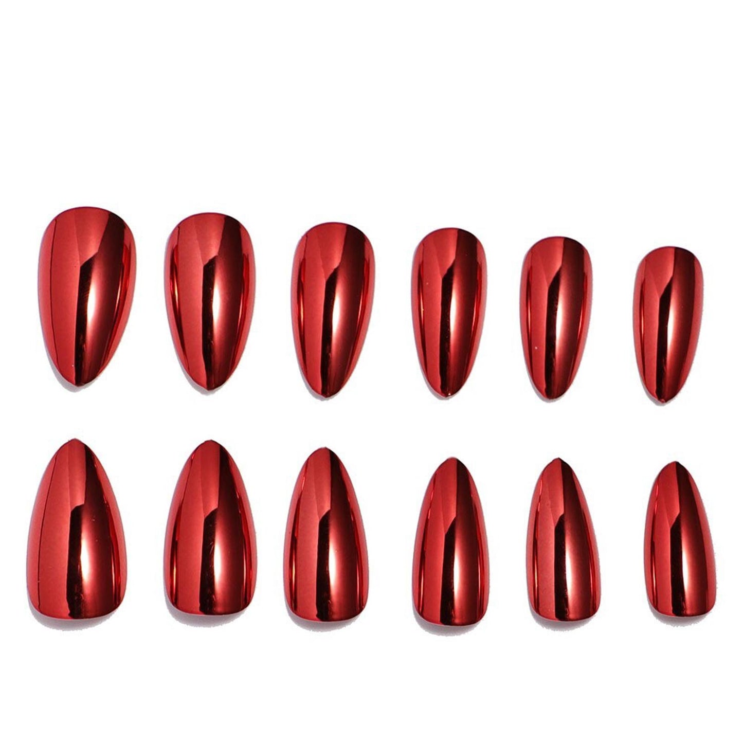 24 Red Chrome Press On Nails Kit with glue Medium Almond Metallic Mirror