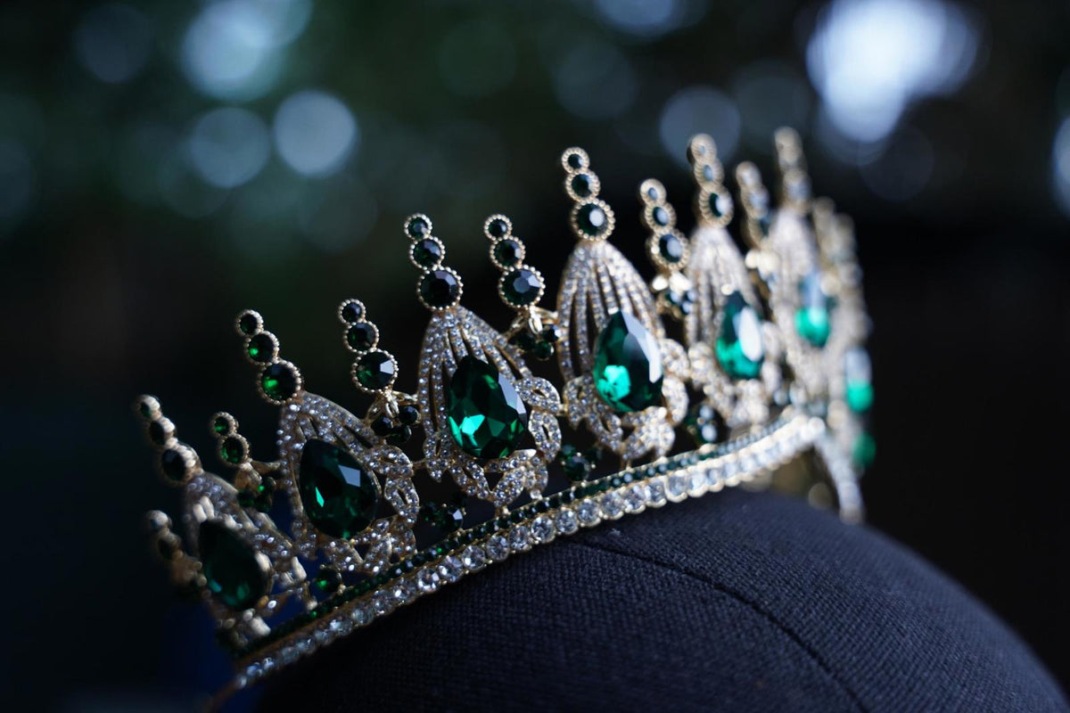 Gold Emerald Green Crystal Tiara Bridal Crown Birthday Wedding Gift Diadem Fan