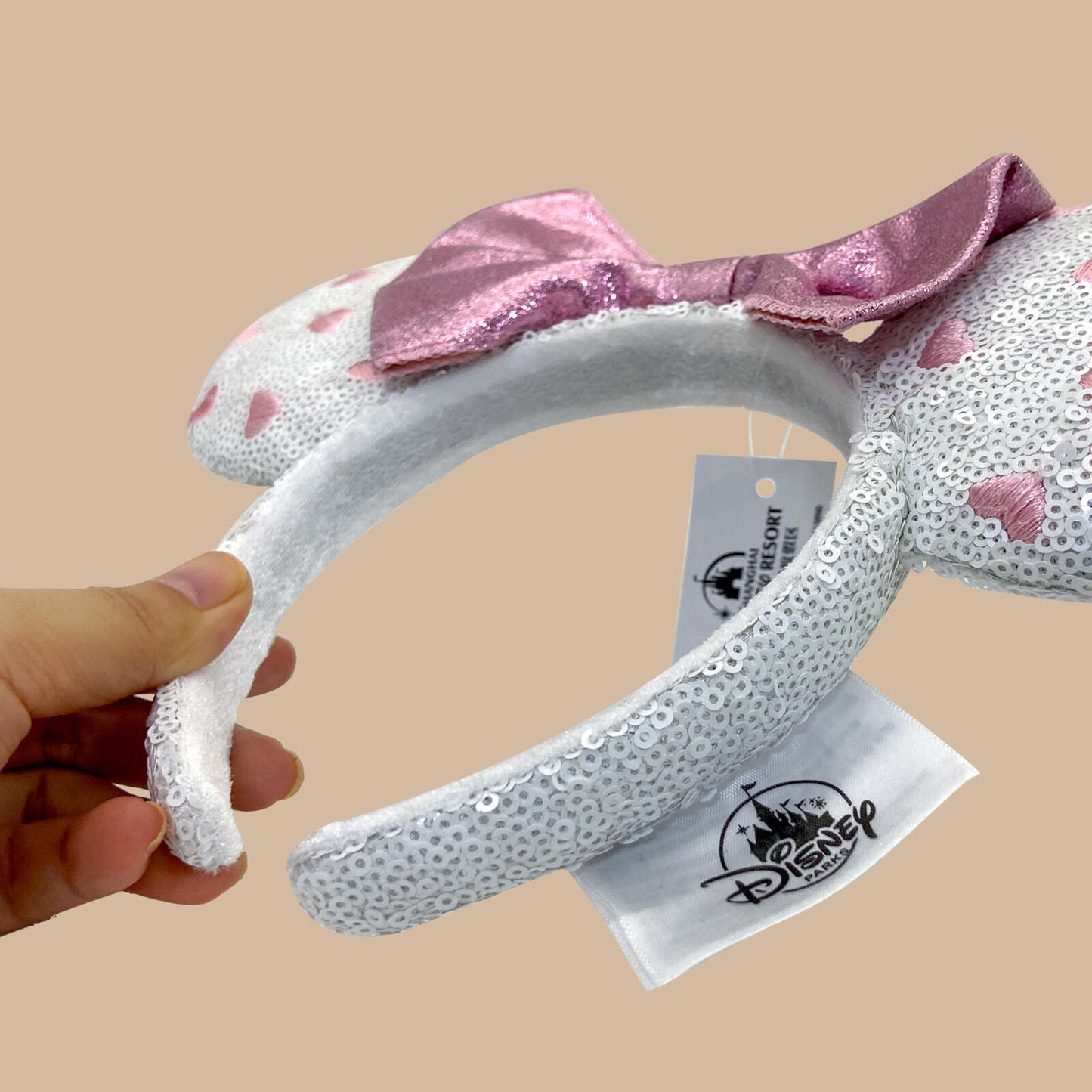 Pink Bow Disney Parks Minnie Mouse Ears White Sequin Pink Heart Headband