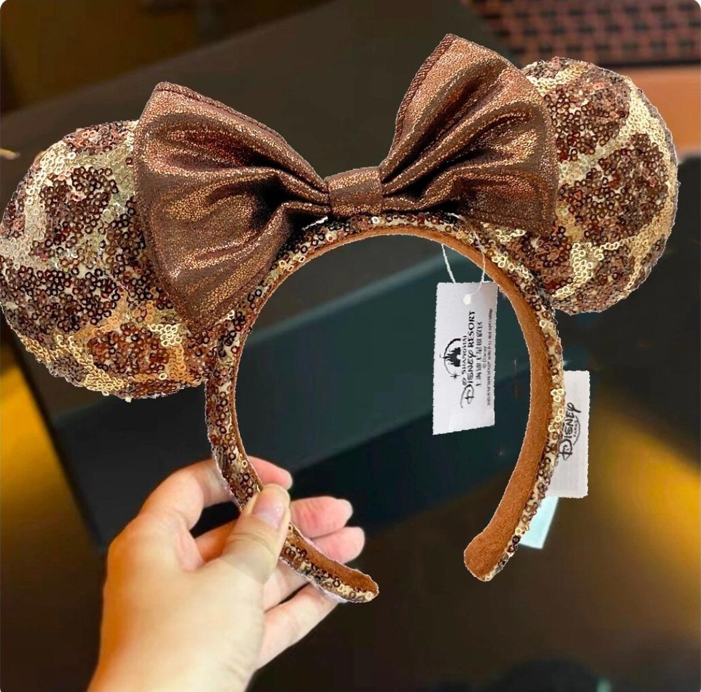 Disney Parks Giraffe Sequin Animal Print Minnie Ears Headband Bow brown tan