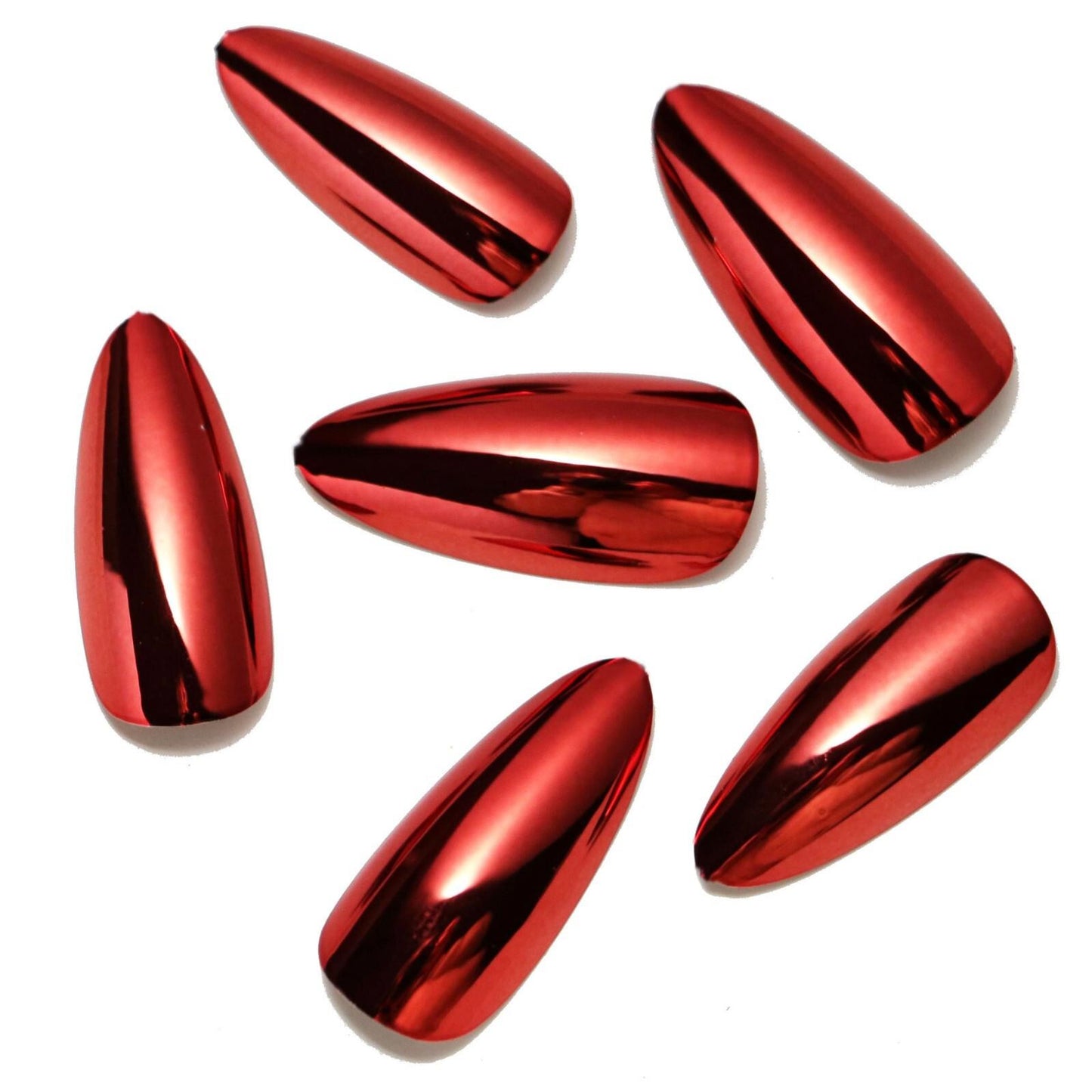 24 Red Chrome Press On Nails Kit with glue Medium Almond Metallic Mirror
