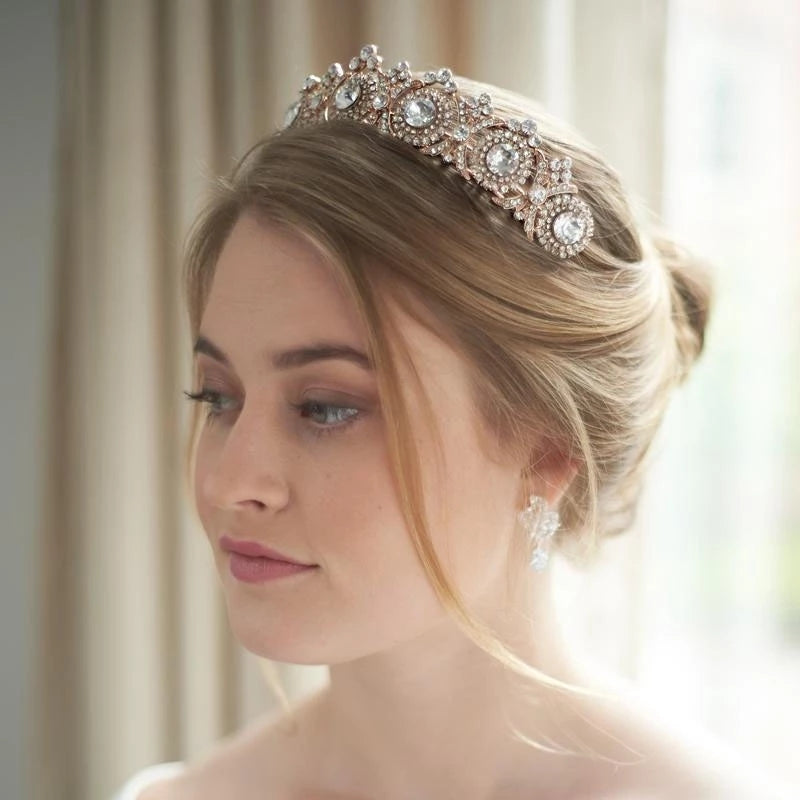 Rose Gold Tiara Crown Detailed Crystal pink Princess Queen headdress jewelry bridal Halloween cosplay diadem wedding
