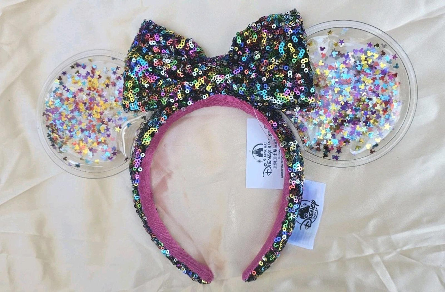 Disney Parks Bow Rainbow Confetti Sequin Minnie Mouse Ears Headband Clear
