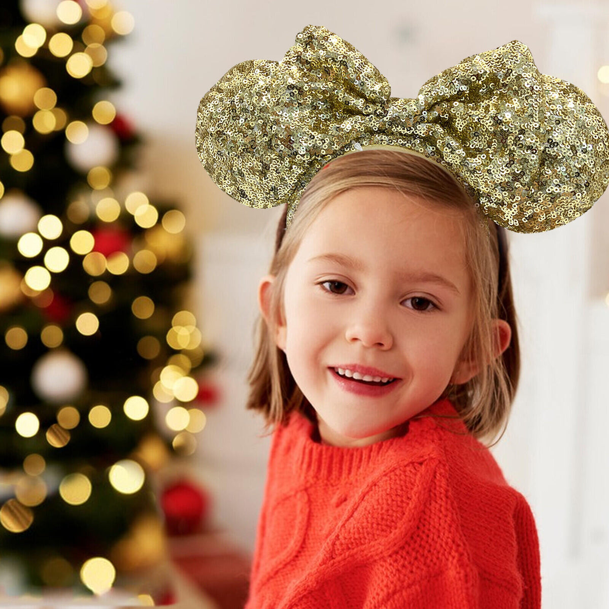 Disney Parks Gold Sequin Minnie Mickey Ears Bow Headband US