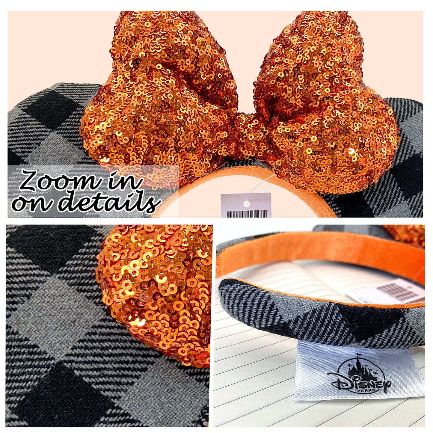 Autumn Minnie Mouse Ears Orange Bow Sequin Halloween Gray Plaid Headband 2026