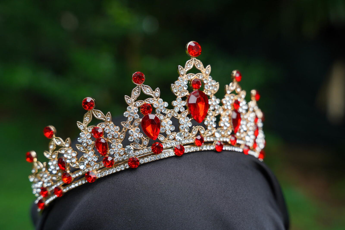 Gold Ruby Red Crown Crystal Tiara, Princess Crown, Gold Wedding Tiara