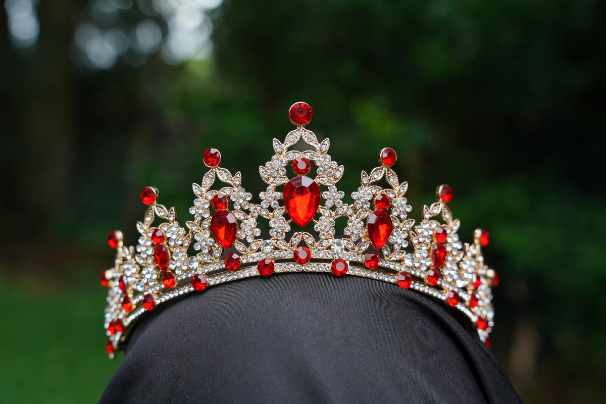 Gold Ruby Red Crown Crystal Tiara, Princess Crown, Gold Wedding Tiara