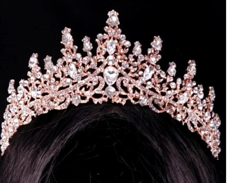 Rose Gold Tiara Crown Detailed Crystal pink peach Princess Queen headdress jewelry bridal Halloween cosplay diadem wedding