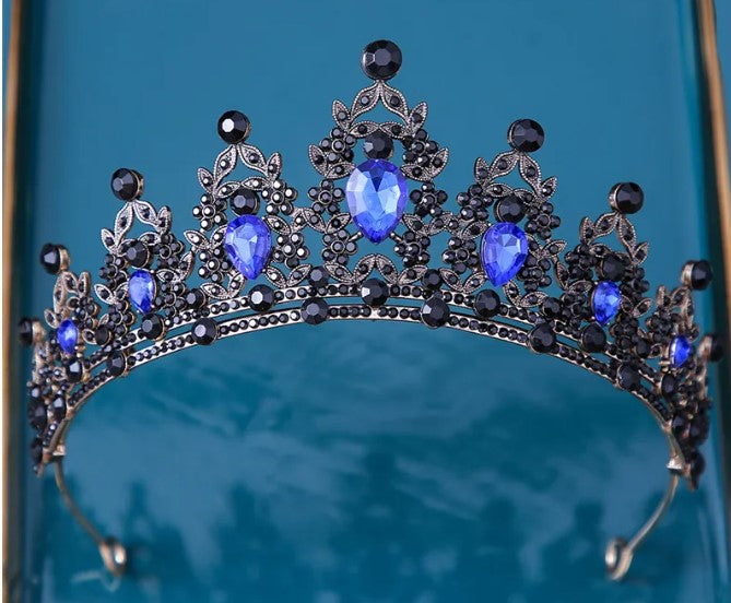 Goth Blue sapphire Tiara Black Crown Princess Queen bridal dark cosplay diadem wedding pageant