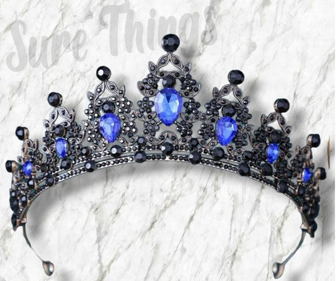 Goth Blue sapphire  Black Tiara Crown Princess Queen bridal dark cosplay diadem 