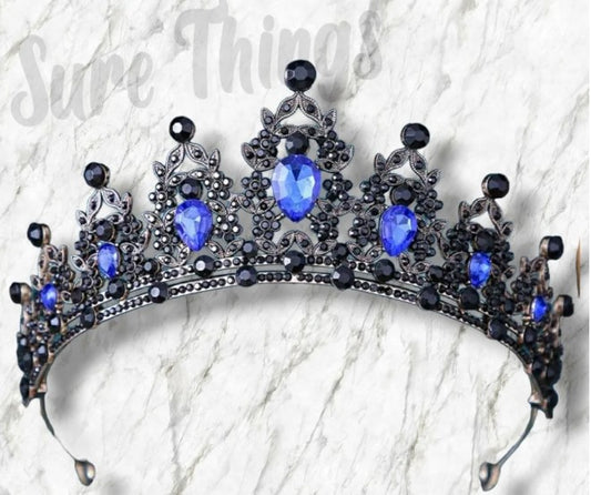 Goth Blue sapphire  Black Tiara Crown Princess Queen bridal dark cosplay diadem 